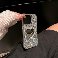 Étui de luxe strass coeur miroir pour iPhone 15 Pro Max 16 Pro 14 Plus étui souple antichoc pour téléphone portable