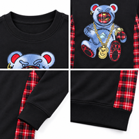 Sweat-shirt col rond personnalisé, patchwork à carreaux rouge et noir, broderie ours en peluche, style streetwear oversize, vente en gros