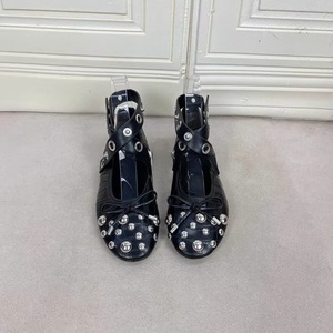 French Black <b>Bow</b> Rivet Ballet Flats, Round Toe Cross Strap European Shallow Mouth Mary Jane Shoes For Women Daily Wear - Product Image 1