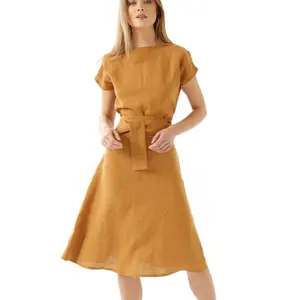 2022 Summer Custom New V Neck Button Ladies Linen Dress Vestidos Casual Elegant Midi 100% Linen Tunic Dress For Women