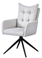 Fauteuil moderne à dossier haut en tissu beige rembourré avec structure métallique et base pivotante à 360 degrés pour salon, chaise de salle à manger
