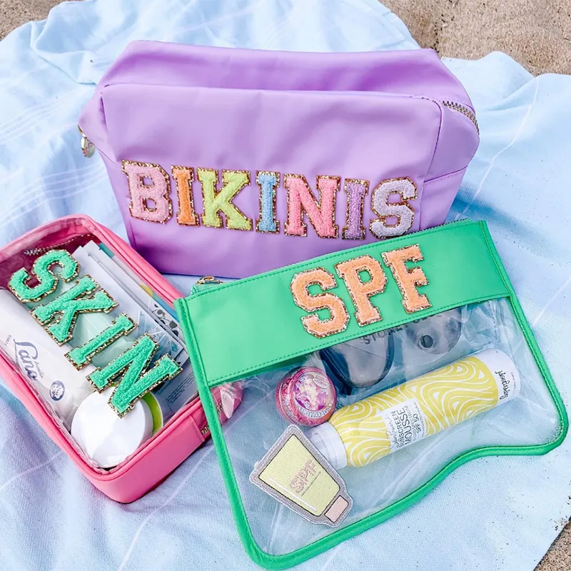 RTS Stock Nylon Waterproof Personalized Glitter Varsity Patches Custom Travel Beach Bridesmaid Birthday Gifts Small Makeup Bag