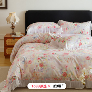 French Retro Oil Painting Style 100 Cotton Four Piece <b>Bedding</b> <b>Set</b> Korean Lace Trim Pure Cotton Duvet Cover Sheets Bedroom - Product Image 2