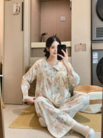 Pyjama deux pièces en coton pour femme, style palais, avec dentelle, imprimé floral mignon, collection Printemps-Automne 2026, version coréenne