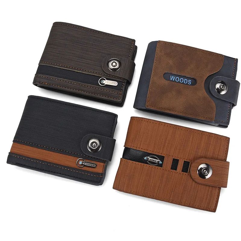 Men's Luxury Textured PU Leather Wallet Leather Credit Card Holder Wallet With Buttons Custom Metal Logo