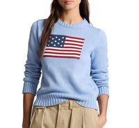 Pull-over Femme en Tricot Épais Hiver-Printemps, Qualité Supérieure, Personnalisé OEM, 100% Coton Doux, Motif Drapeau Américain Intarsia, Vente en Gros