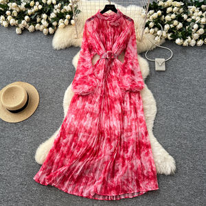 Primavera tunica romana fasciante abito Midi Casual da donna manica lanterna <span class=keywords><strong>impero</strong></span> 3D abito di pizzo stampato - Product Image 1