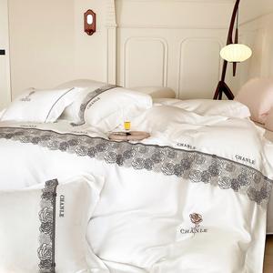 Thương Hiệu Mới 100S Áo Lyocell Mỹ Đen Hoa Thêu Đơn Giản Phong Cách Rừng Ánh Sáng Sang Trọng Bốn Mảnh Bộ Đồ Giường Màu Trắng Bộ - Product Image 2