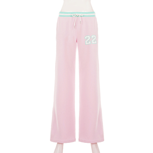 Pantalones coreanos de pierna recta con cintura a rayas de colores contrastantes, con cordón ajustable, estampados, deportivos, versátiles, básicos, con caída, casuales y largos. - Product Image 6
