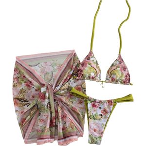 Ensemble bikini floral 3 pièces pour femme FOXA, soutien-gorge halter, string et jupe à nouer devant, vêtements de plage d'été - Product Image 1