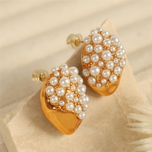 Boucles <span class=keywords><strong>d</strong></span>'oreilles chic et luxueuses, personnalisées, plaquées or 18 carats, en acier inoxydable géométrique, avec perles artificielles et diamants, pour femmes - Product Image 3