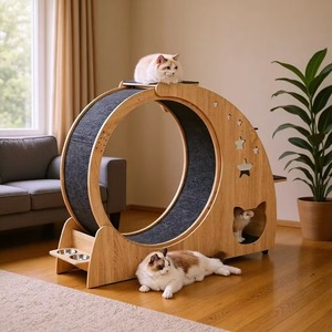 Roue d'exercice pour chat en bois naturel avec abri et gamelles, tapis épais, piste silencieuse, équipement <span class=keywords><strong>de</strong></span> fitness intérieur pour animaux <span class=keywords><strong>de</strong></span> compagnie - Product Image 2