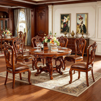 Ensemble de table à manger ronde en bois massif européen de luxe, chaises de salle à manger en cuir PU sculptées à la main pour villa, maison, hôtel, vente en gros