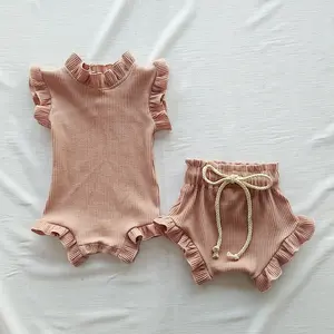 Grosir 3 buah Jumpsuit katun organik bayi perempuan Romper celana pendek bayi perempuan baru lahir setelan baju bayi rumbai dengan ikat kepala