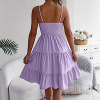 Nouvelle Robe Décontractée Sans Manches à Bretelles Col Carré Taille Empire Antistatique à Volants Tissée Longueur Genou pour Femme Style Européen et Américain