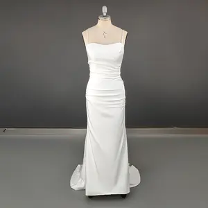 8998# Simple Spaghetti Straps Satin Backless Wedding Gowns Buttons Ribbon Trailing Open Back Cowl Neck Ruched Bow Bridal Dress