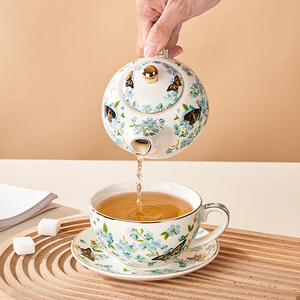 Vintage Flower and Butterfly Tea <b>Set</b> Gold Rim Ceramic Tea for One <b>Teapot</b> and Cup Saucer <b>Set</b> - Product Image 3