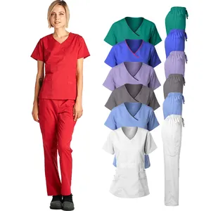 Medical Uniform Women's Scrub Set Stretch Contrast Binding Top and Pants medical scrub sets