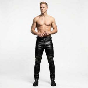 <b>Men's</b> High Waist Black Leather Straight Leg Pants With Rivet Decoration Moto Biker Style Winter Wear - Product Image 1