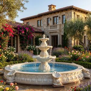 Projet <span class=keywords><strong>de</strong></span> décoration paysagère <span class=keywords><strong>de</strong></span> villa <span class=keywords><strong>de</strong></span> luxe, fontaine d'eau à 3 niveaux en marbre blanc naturel sculpté à la main pour <span class=keywords><strong>jardin</strong></span> extérieur avec grand <span class=keywords><strong>bassin</strong></span> - Product Image 1