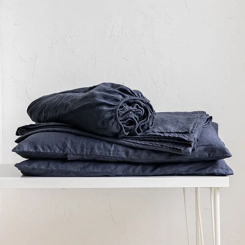 Azul oscuro de lujo al por mayor de diseño de lino barato edredón cubierta sábanas de hotel sábana 100% juego de cama de lino