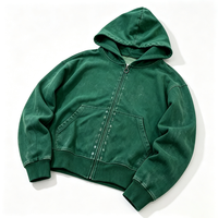 Stone-Washed Kapuzenjacke mit Reißverschluss, Einfarbig Bestickt, Locker Geschnittener Übergroßer Pullover, O-Ring-Reißverschluss, Unisex Vintage Outdoor Blanko Individualisierbar