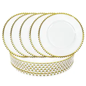 Wholesale High Quality Acrylic Gold Silver Beaded Clear Charger Plates 13" In Bulk Wedding Set