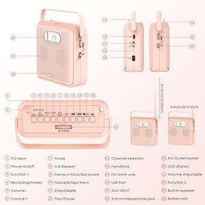 Lecteur <span class=keywords><strong>CD</strong></span> portable rose, Boombox Bluetooth 5.0, radio FM, enregistrement USB, son stéréo HIFI, écran LCD, design avec poignée, utilisation à domicile et en voyage - Product Image 4