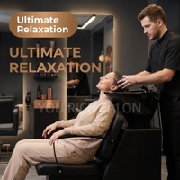 Station de lavage de cheveux intégrée moderne avec armoire, chaise de lavage confortable en cuir PU, lavabo en céramique noir, unité de lavage de cheveux pour salon