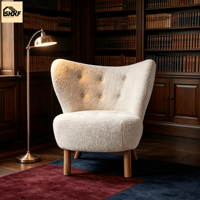 Fauteuil de détente sur mesure en tissu Sherpa, design à dossier haut, assise capitonnée, pieds en bois de frêne, pour la décoration de la salle de séjour d'hôtel