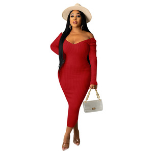 Abito da donna con scollo a v e scollo a v sottile di grande vendita 2023 abito maglione <span class=keywords><strong>bianco</strong></span> a coste a <span class=keywords><strong>maniche</strong></span> <span class=keywords><strong>lunghe</strong></span> autunno - Product Image 3
