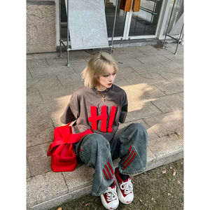 2025, pantalones vaqueros rectos holgados Retro para mujer, pantalones de pierna ancha desgastados informales con empalme de rayas lavadas americanas para primavera y otoño - Product Image 6