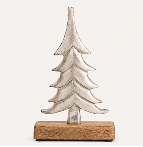 Handcrafted Antique Silver Aluminum Metal <b>Christmas</b> <b>Tree</b> Sculpture with Sturdy Wooden <b>Base</b> <b>For</b> Modern Home Holiday Tabletop - Product Image 3