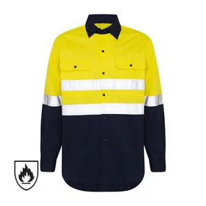 Factory Supply 100% Cotton Yellow / Navy Reflective FR Fire Retardant Flame Resistant Shirt Workwear