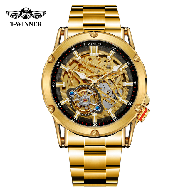 T-Winner Wholesale Men Automatic Mechanical Movement Watch Metal Strap Montre Homme Skeleton Watches for Mens