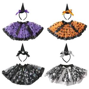 Children's Halloween Tulle Puffy Tutu Skirt Witch Hat Headband Set Halloween Party Children Show Costume Decoration