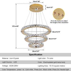 Lustre en cristal LED géométrique moderne de luxe pour salon, <span class=keywords><strong>lampe</strong></span> suspendue à 3 anneaux - Product Image 6
