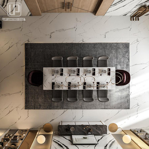 Ensemble de table à manger en marbre blanc, meubles de salle à manger de luxe, table rectangulaire en acier inoxydable pour restaurant avec 10 chaises - Product Image 4