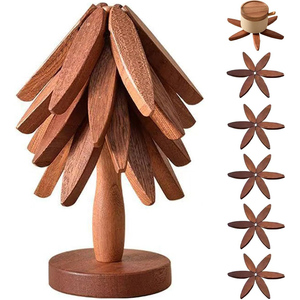 Classic Eco-Friendly Kitchen Folding Tree Shape Wooden <b>Trivet</b> and Coasters Set of 4 for Hot Dishes - Product Image 1