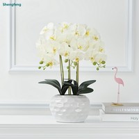 Lot de fleurs artificielles Phalaenopsis en pot de céramique, fausses fleurs en soie, ensemble de bonsaïs, orchidées en pot de porcelaine pour chambre, hôtel, porche