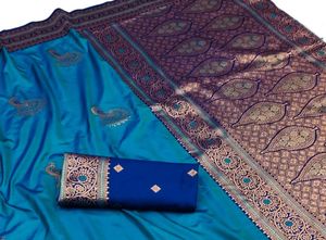 Sari en soie bleue de créateur exclusif avec broderie paon et bordure dorée, traditionnel pour les mariages, les fêtes et les festivals, pour femmes - Product Image 2
