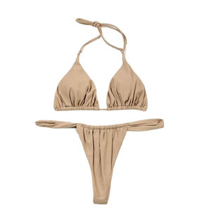 Ensemble de <span class=keywords><strong>bikini</strong></span> blanc uni avec logo personnalisé, haut halter et bas brésilien froncé pour femme, maillot de bain de plage - Product Image 5