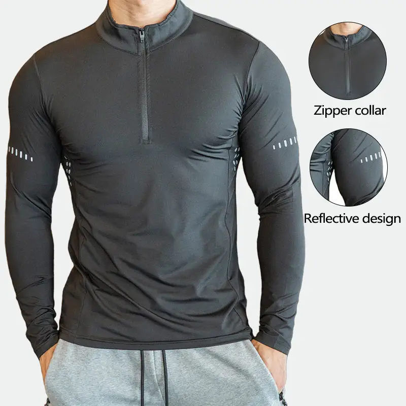 compression shirts men fitness wear quick dry custom long sleeve 1/4 quarter zip pullover gym t-shirts workout men clothing