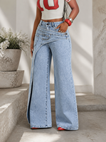 Jean large asymétrique déstructuré à taille croisée pour femme, bleu clair esthétique