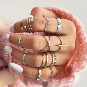 13pcs/set Fashion Silver Geometric Finger Ring Set Punk Diamond Chunky Pearl Rings Set For Women Jewelry Gift