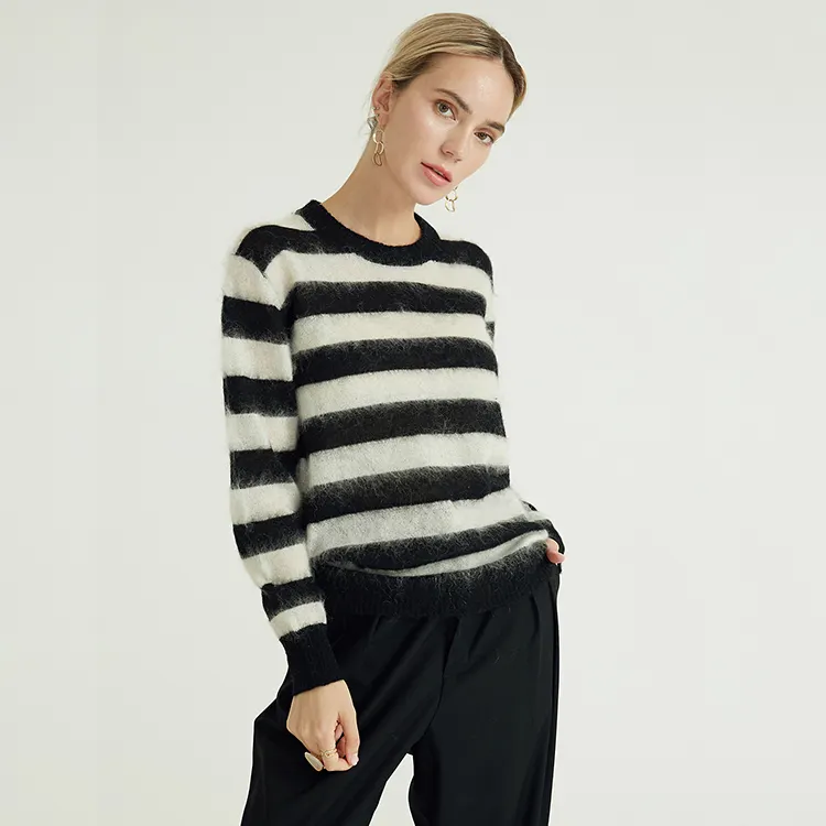 Autumn Winter Custom Black White Striped Crew Neck Wool Mohair Pullover Knit Sweater Jumpers For Women