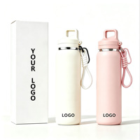 Bouteille d'eau isotherme droite de 600 ml avec logo personnalisé OEM, sans BPA, double ouverture, en acier inoxydable, avec couvercle à paille