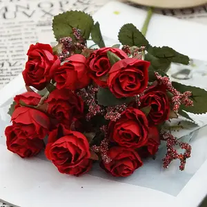 ऑनलाइन बिक्री कपड़े 15 सिर छोटे गुलाब गुलदस्ता कृत्रिम फूल घर की सजावट के लिए