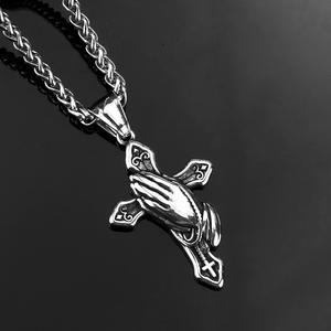 Stainless Steel Prayer Hands <b>Cross</b> Pendant Necklace For Men Fashion Jewelry Gift - Product Image 1