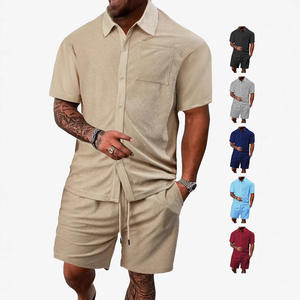 Conjunto de camisa de manga corta con botones y pantalones cortos casuales de verano para hombre, transpirable, de color sólido, tela jacquard, ropa informal. - Product Image 1